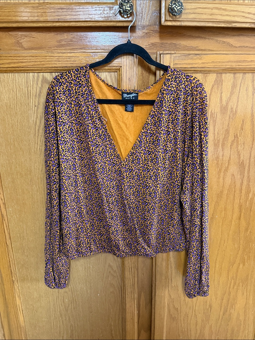 Wrangler Purple & Gold Leopard Print Wrap-Front Long Sleeve Top